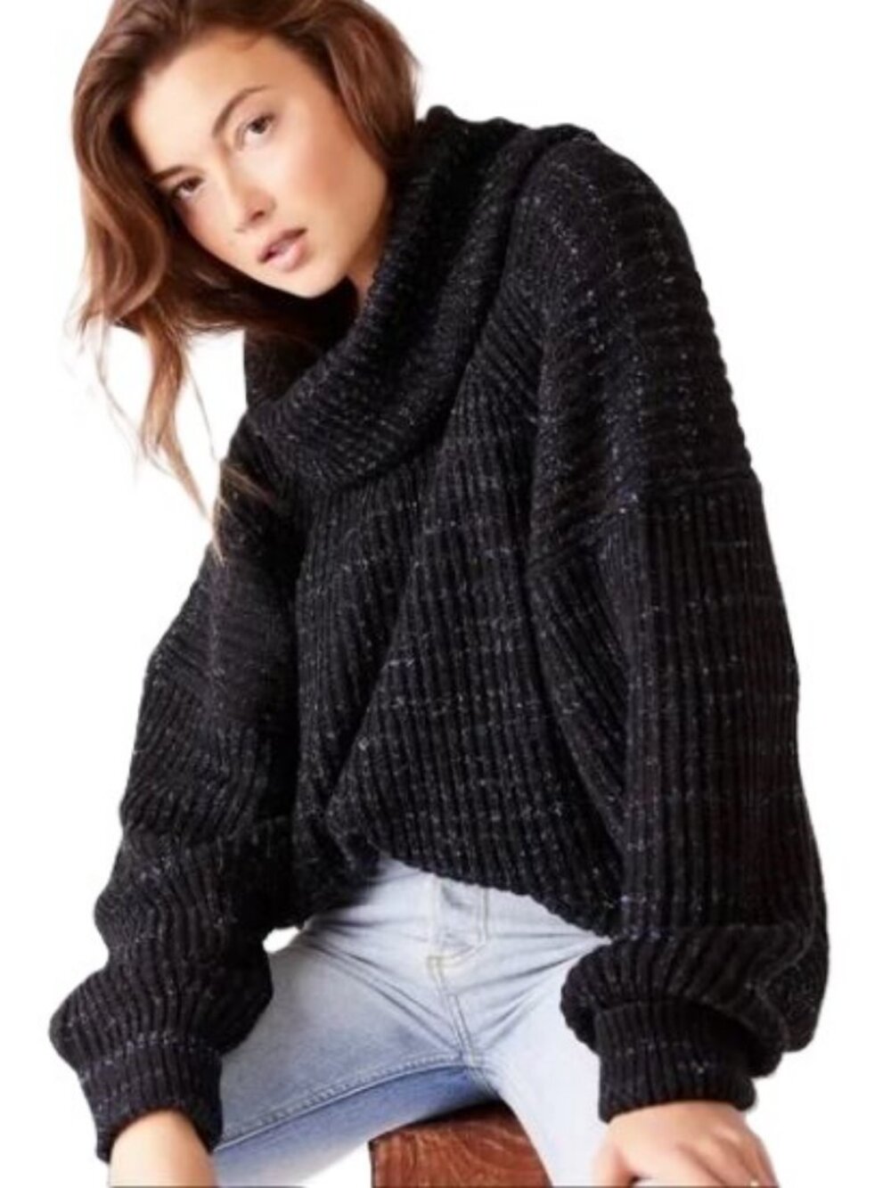Free People XS Womens Leo Blacklight Party Cowl Neck Turtleneck Sweater Black